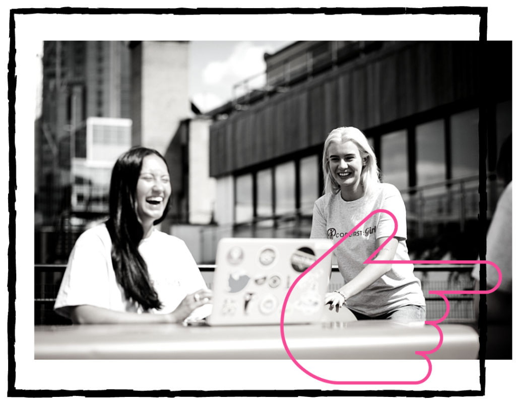 Two Code First Girls alumni laughing with a pink icon in front