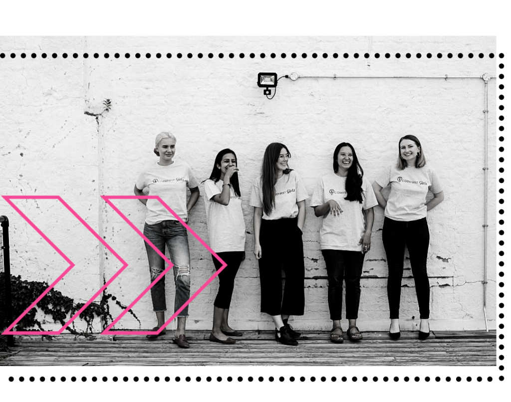 Five Code First Girls alumni standing in front of a brick wall with decorative icons