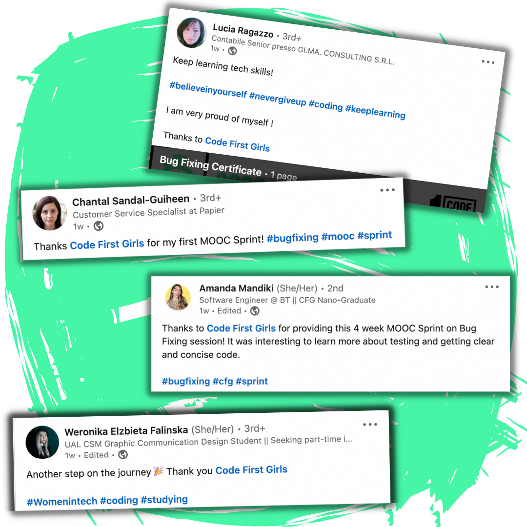 Code First Girls Community: Posts on social media sharing experiences of our MOOCs