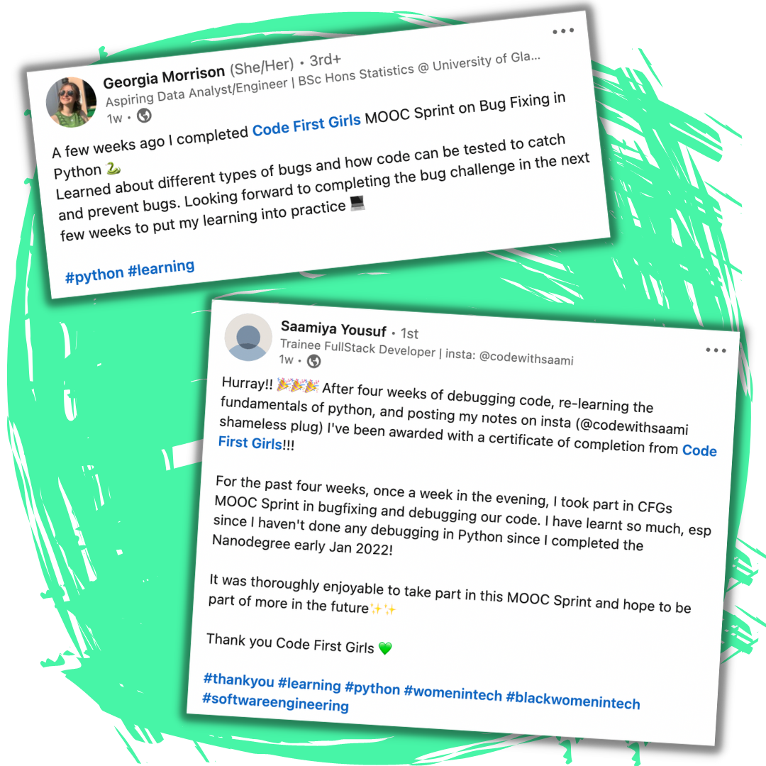 Code First Girls Community: Posts on social media sharing experiences of our MOOCs
