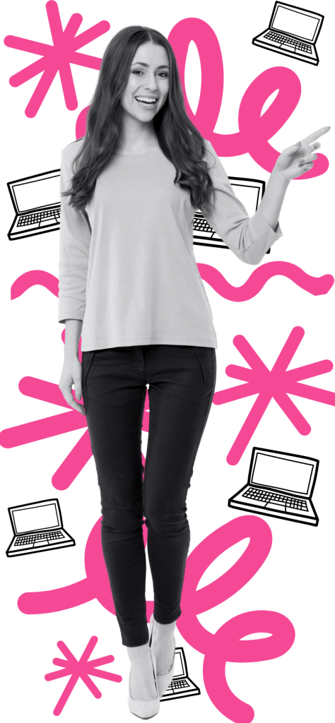 image of woman pointing to the right hand side and surrounded by pink squiggles and laptop outlines