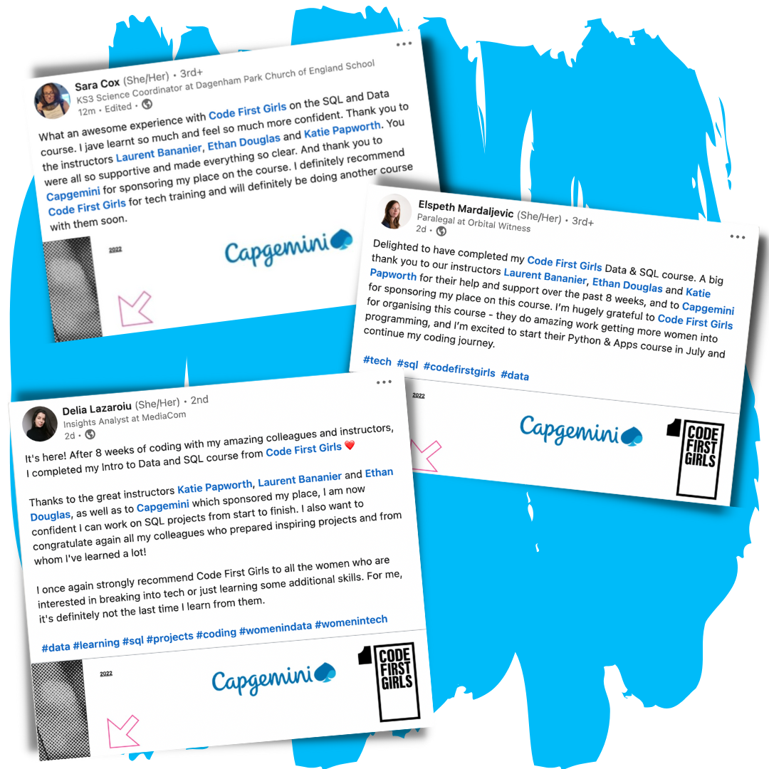 Code First Girls Community: Posts on social media sharing experiences of the CFG Classes