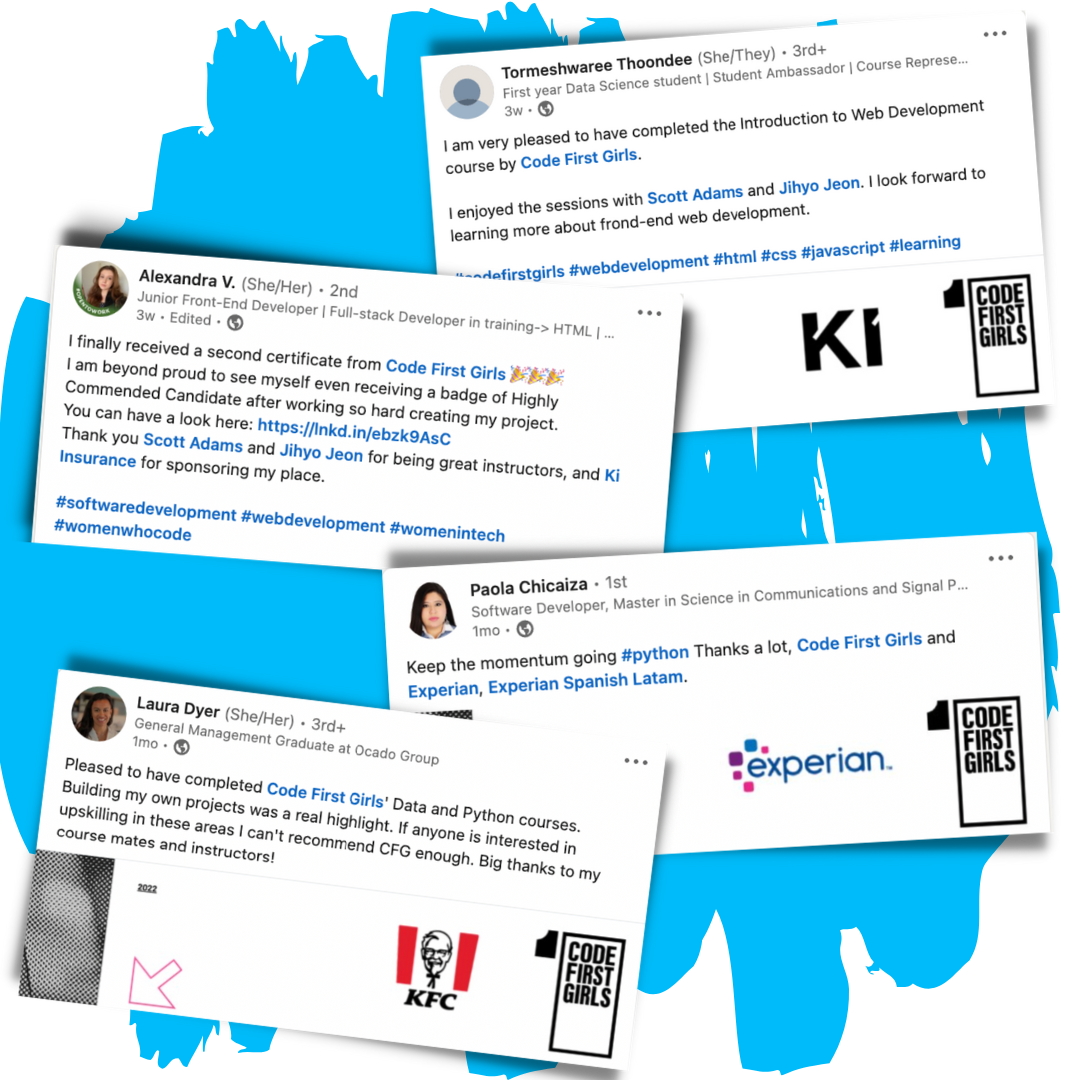 Code First Girls Community: Posts on social media sharing experiences of the CFG Classes