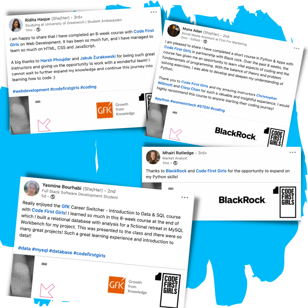 Code First Girls Community: Posts on social media sharing experiences of the CFG Classes