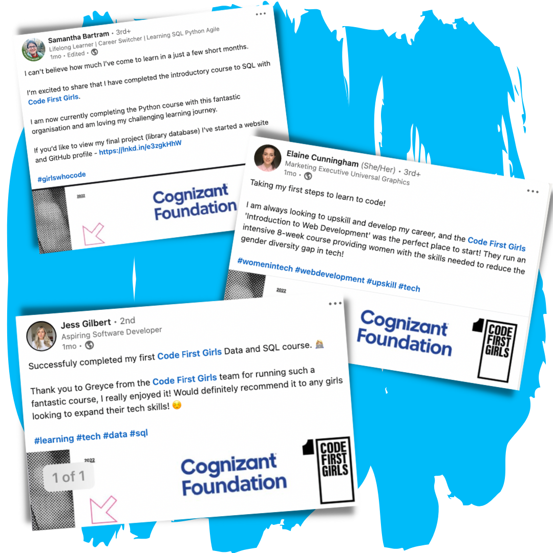 Code First Girls Community: Posts on social media sharing experiences of the CFG Classes