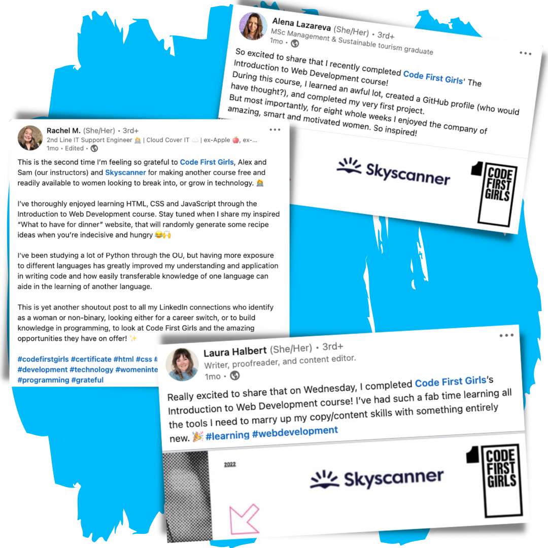 Code First Girls Community: Posts on social media sharing experiences of the CFG Classes