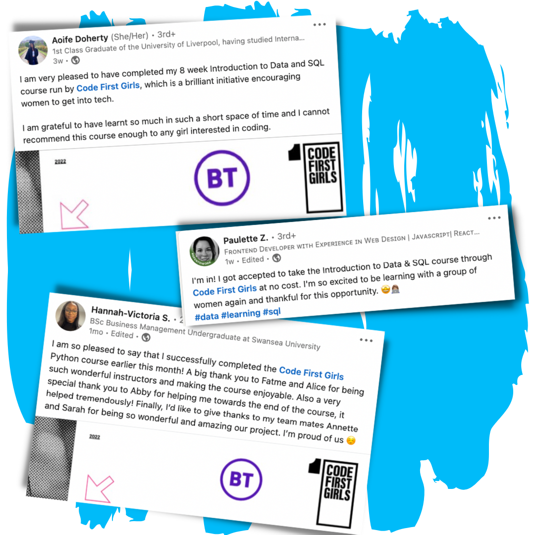 Code First Girls Community: Posts on social media sharing experiences of the CFG Classes