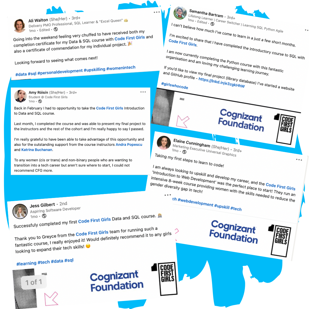 Code First Girls Community: Posts on social media sharing experiences of the CFG Classes