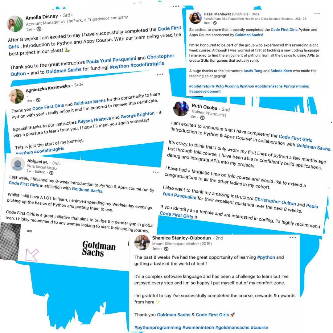 Code First Girls Community: Posts on social media sharing experiences of the CFG Classes