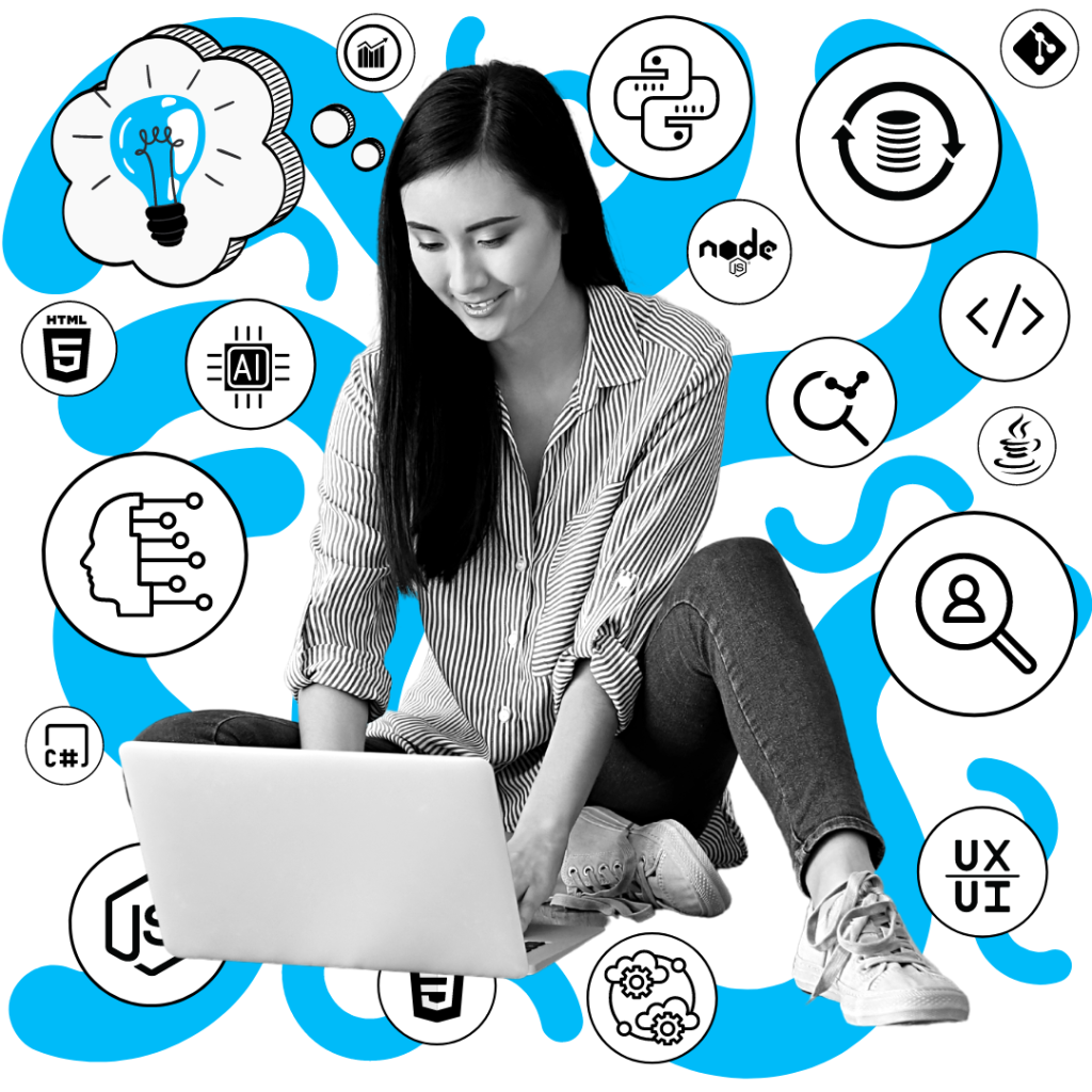 Girl coding on laptop, surrounded by symbols of programming languages and concepts: Node.js, HTML5, JavaScript, Java, AI, Python, and lightbulbs.