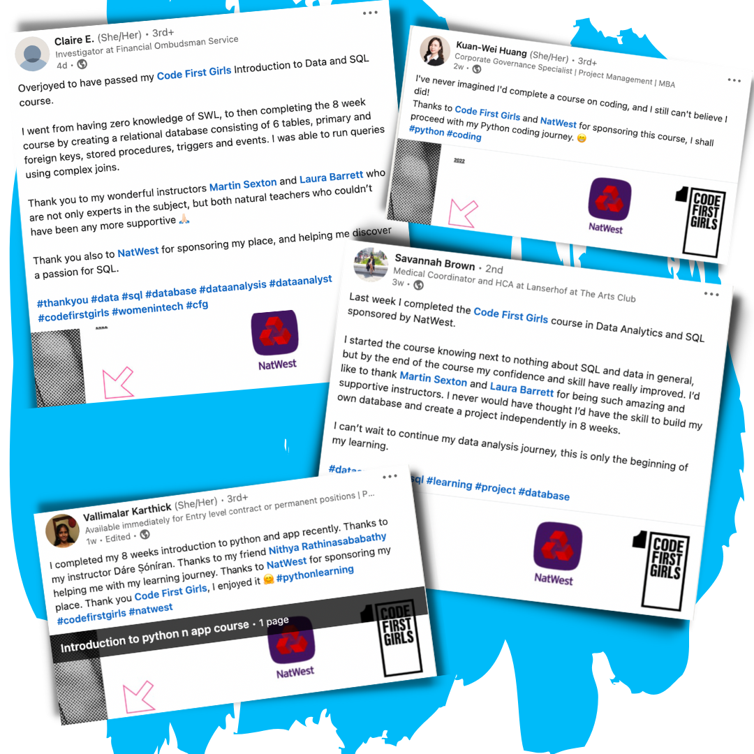 Code First Girls Community: Posts on social media sharing experiences of the CFG Classes