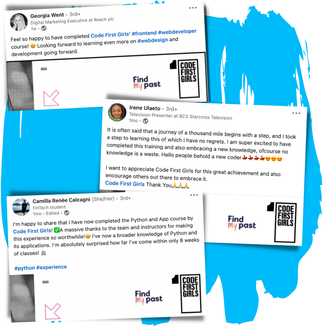 Code First Girls Community: Posts on social media sharing experiences of the CFG Classes