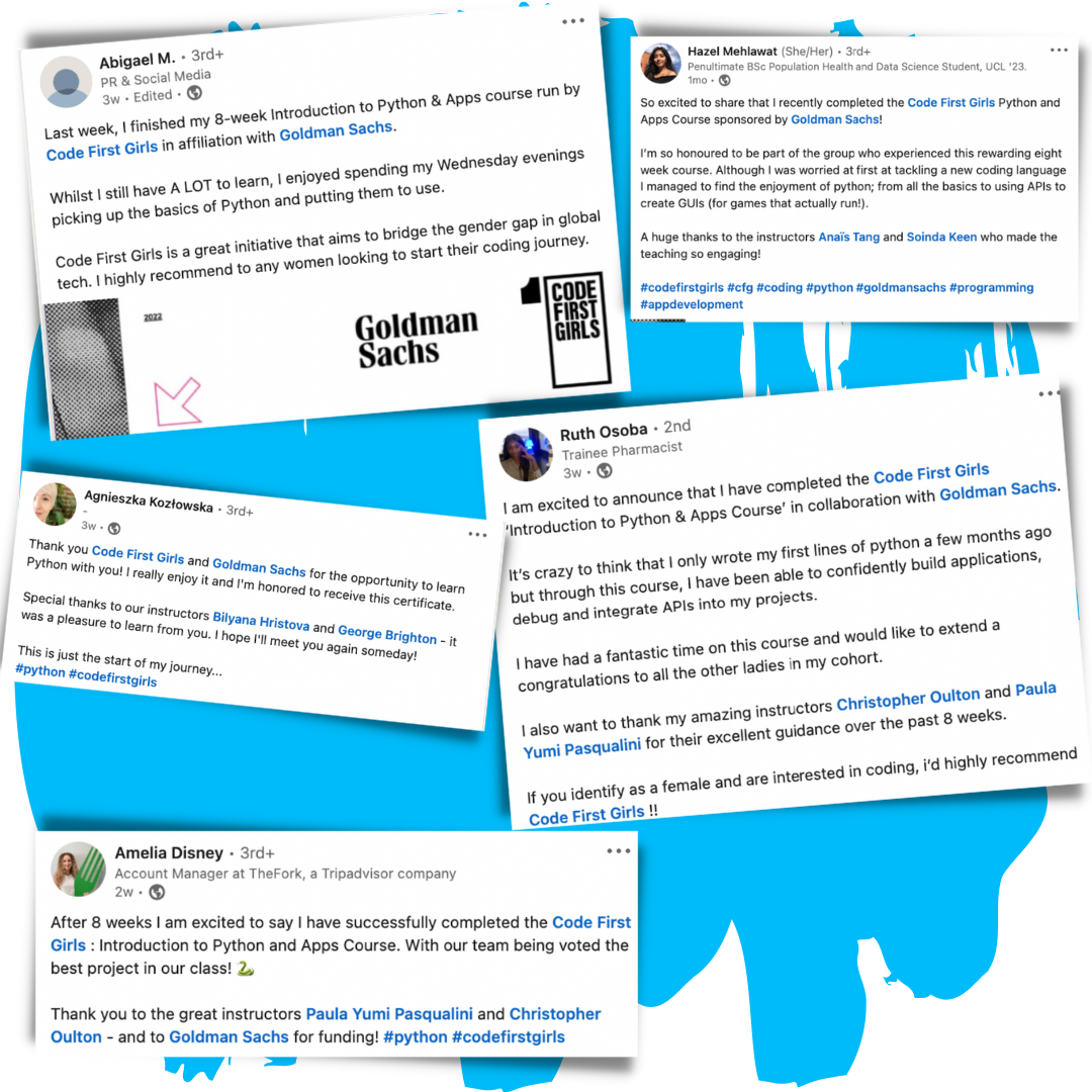Code First Girls Community: Posts on social media sharing experiences of the CFG Classes