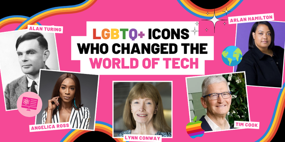 Banner featuring LGBTQ+ icons in tech who changed the world: Alan Turing, Angelica Ross, Lynn Conway, Arlan Hamilton and Tim Cook, celebrating their impact on innovation and inclusion.