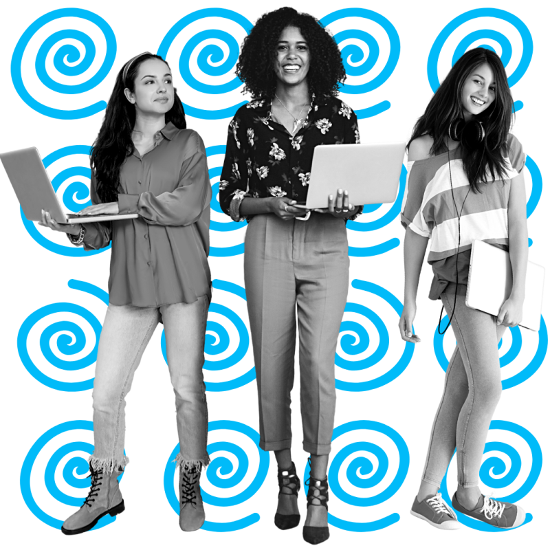Three women walking towards the viewer with laptops in hand.